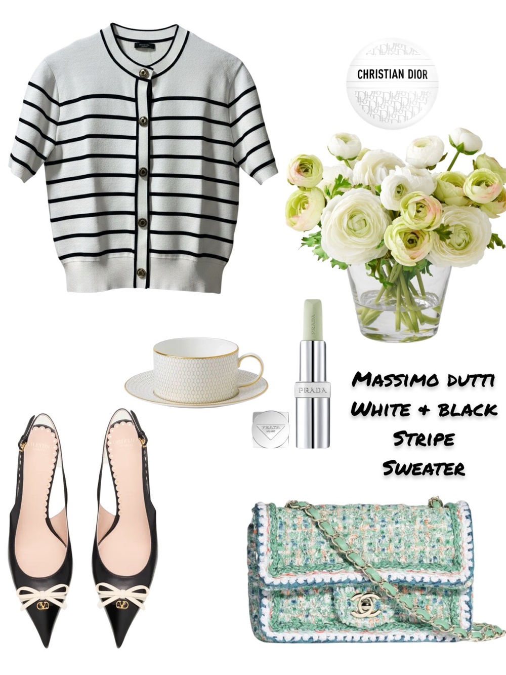 Massimo Dutti White and Black Striped Short-Sleeve Cardigan